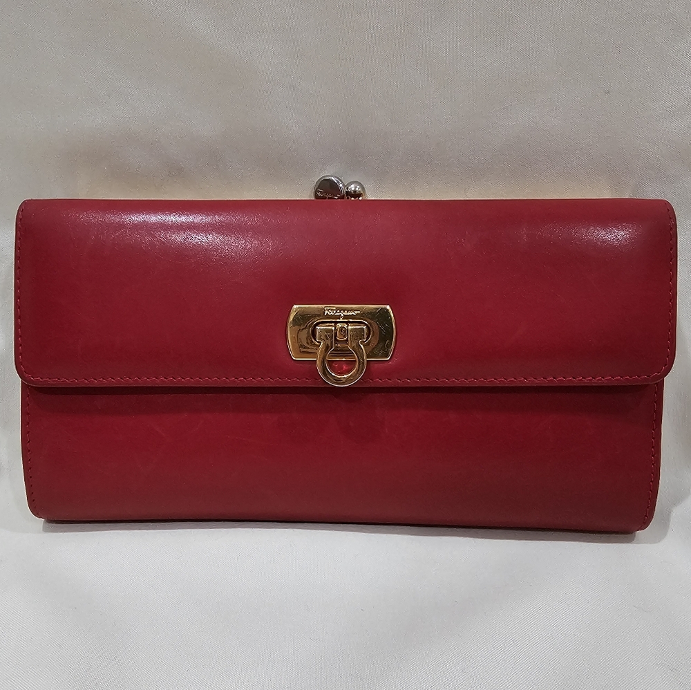 Salvatore Ferragamo Red and Gold Leather Wallet with Fold-Over Flap